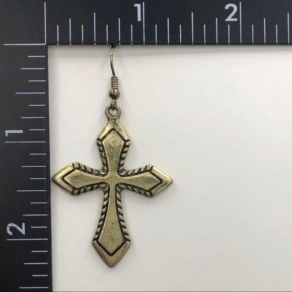 🌼 Rugged Worn Cross Gold Dangle Earrings - Picture 2 of 2